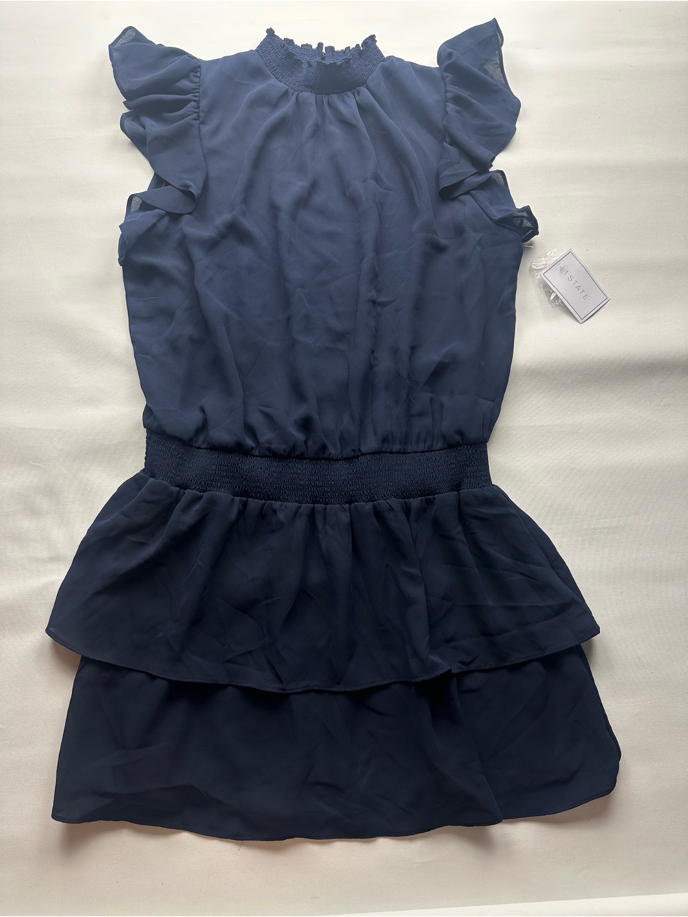 Navy Ruffle Tiered mini Dress. 1state. Size L